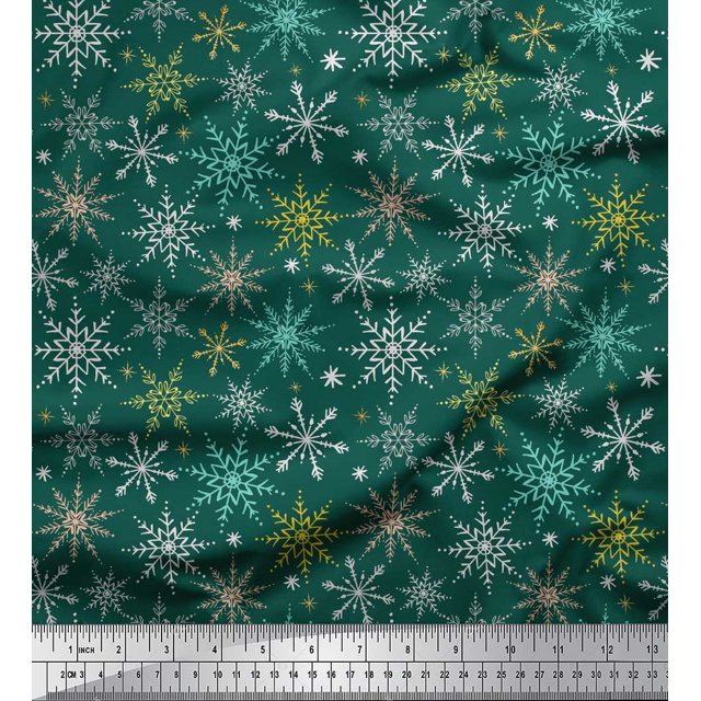 Soimoi Green Poly Georgette Fabric Snow Flakes Floral Print Sewing Fabric Yard 42 Inch Wide