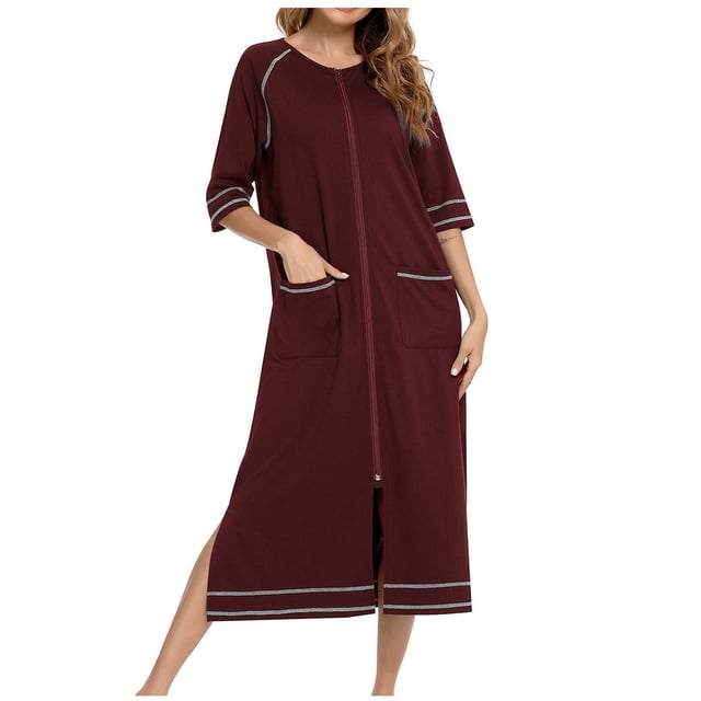 yievot Robe de Maison pour Femmes Longue à Fermeture Éclair devant Peignoirs Chemises de Nuit avec Poches Tenue d'Intérieur