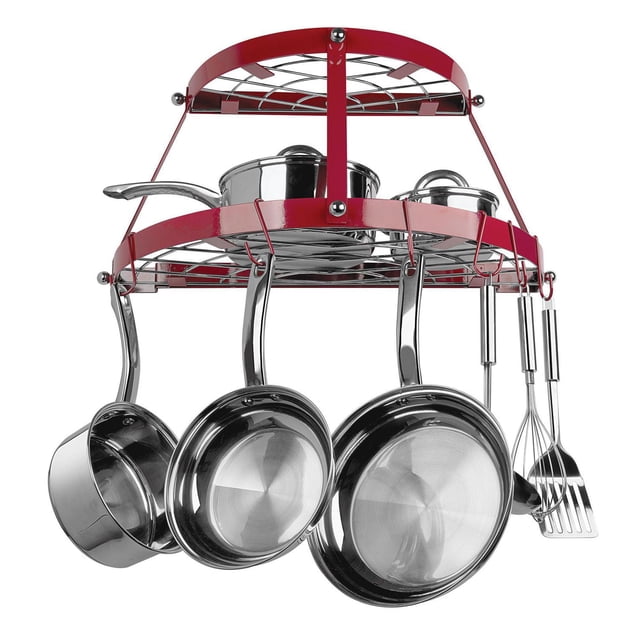 Range Kleen CW6003 Red Enameled Double Shelf Wall Mount Pot Rack with two oval red enameled steel shelves holding stainless steel pots and pans, featuring repositionable hooks with hanging utensils like whisk and spatula, ideal for kitchen storage and saving cabinet space.