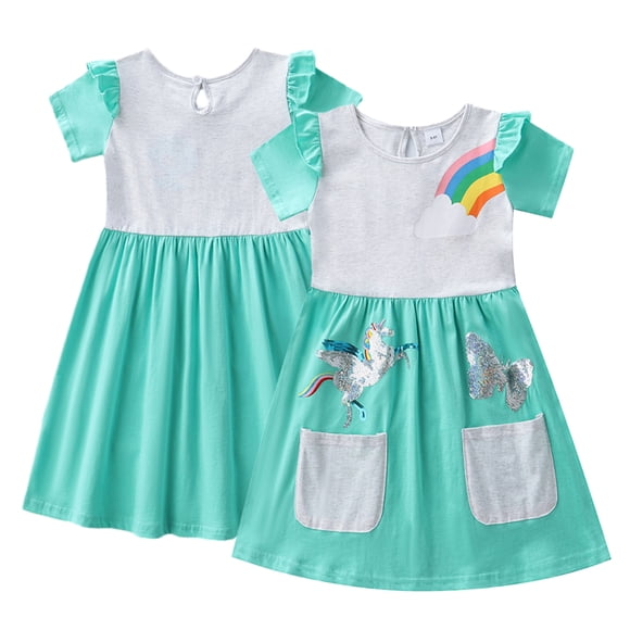 KYAIGUO Robe à Manches Courtes pour Tout-Petites Filles, Robe d'Été pour Enfants à Manches Courtes en Coton, Robe Décontractée Évasée Tournoyante, Robe Soleil 3-8T