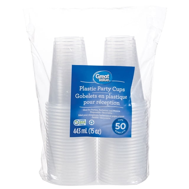 Great Value Plastic Party Cups pack containing 50 clear disposable cups, each with a 15 oz. (443 mL) capacity, BPA free and recyclable, ideal for parties, barbecues, and picnics, shown in a transparent plastic bag with a blue label.