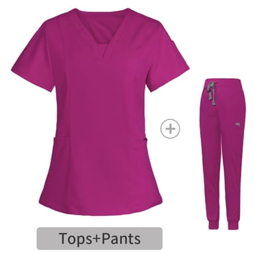 EGNMCR Nursing Scrub Workwear Sets for Women T Shirt Solid Color Working Uniform V Neck Short Sleeve+Long Pants with Pockets