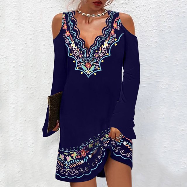 Pisexur Robe à Manches Longues à Col en V Longueur Genou Mode Femmes Imprimé Décontracté Col en V Manches Robe Épaules Dénudées Robe Femmes