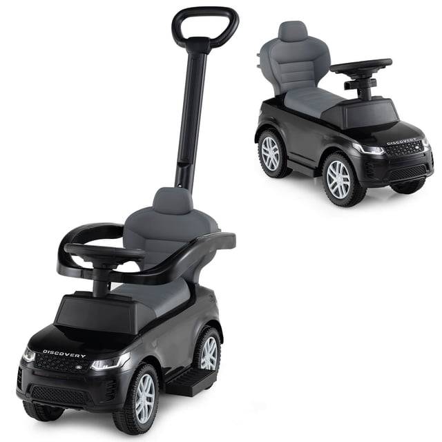Costway Kids Ride on Push Car with Horn & Start-up Sound, a licensed Land Rover design in sleek black. This 3-in-1 car transitions from a push car to a walker and ride-on, ideal for children aged 18-36 months. Features include a removable push handle, ergonomic backrest, interactive steering wheel with horn and ignition sounds, spacious under-seat storage, and anti-rollover wheels for safety on various terrains.