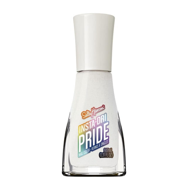 Insta-Dri X Pride quick dry nail polish by Sally Hansen in a clear glass bottle with white glitter polish and a white cap, featuring a rainbow gradient label inspired by the Progress Pride Flag, 9.17 mL (0.31 fl oz). Ideal for fast drying and streak-free shine.
