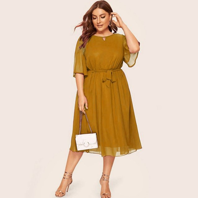 Robe Décontractée Grande Taille pour Femmes Col Rond Manches Mi-Longues Longueur Genou Robe de Soirée