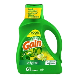 Gain Détergent de blanchisserie liquide, parfum original, 2.39 L, 61 charges, fraîcheur + Odour Fighting, laveuse à haute efficacité