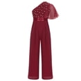 thumbnail image 3 of Sinleey Girls Ruffled Sequins Jumpsuit One Shoulder Wide Leg Long Pants Romper Wedding Prom Playsuit Burgundy 14, 3 of 6