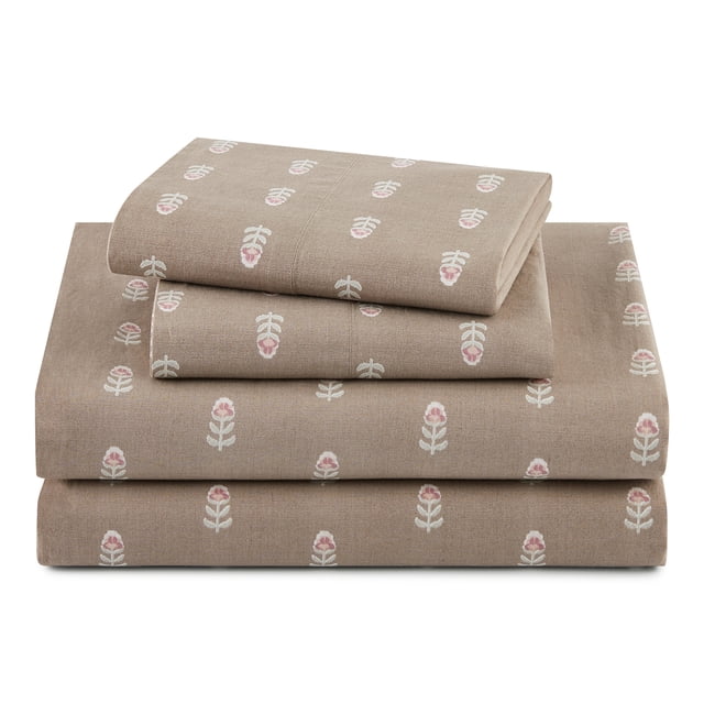 Beautiful Signature Floral 4-Piece Percale Fawn Sheet Set, Queen by Drew Barrymore