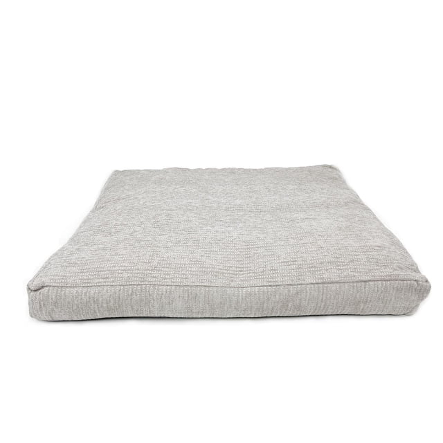 vibrant life 36.x30in medium size, pillow dog bed in grey jacquard fabric with textured surface and green poly fiber filling, shown from a low front angle on white background, designed for medium dogs and suitable as a soft resting cushion for pets