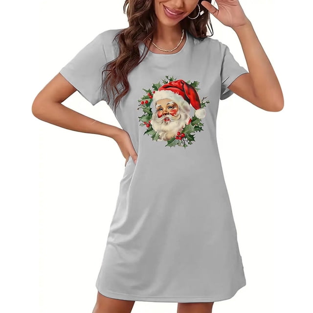 Sakmal Chemises de Nuit Ultra Douces pour Femmes Noël Gris Grande Taille Chemise de Nuit Extensible Imprimé Père Noël Col Rond Manches Courtes Courtes Chemises de Nuit P-2TG