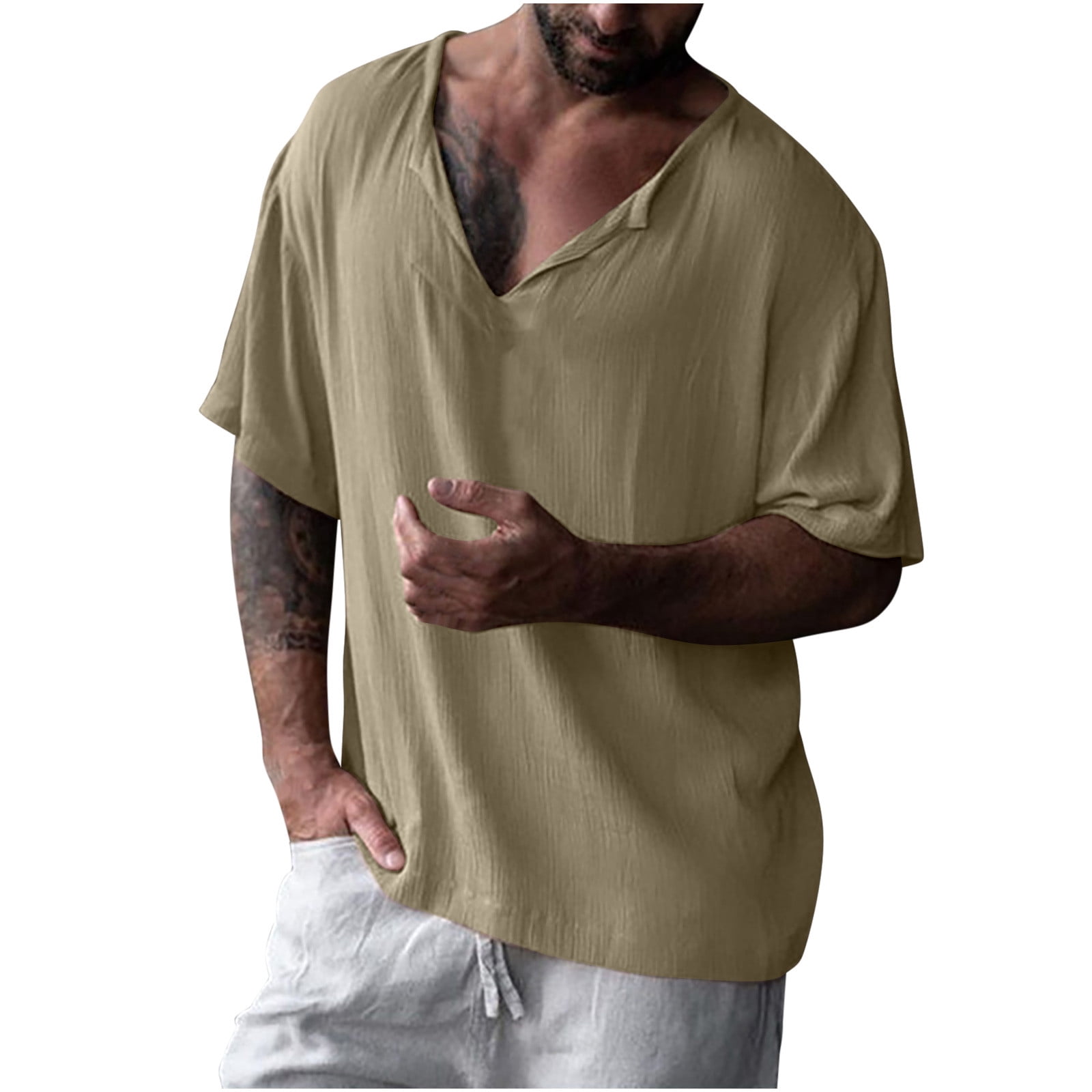 CHGBMOK Chemise de Compression Homme Mode Décontractée Unie Manches Courtes Col en V Blouses Chemises Tailles P-3TG