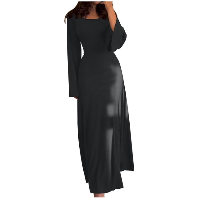 Yuyuzo Robes de Printemps pour Femmes 2025 Robe Chandail à Manches Longues à Col Ras du Cou Robe en Tricot Côtelé Fluide Coupe Évasée Robes Maxi