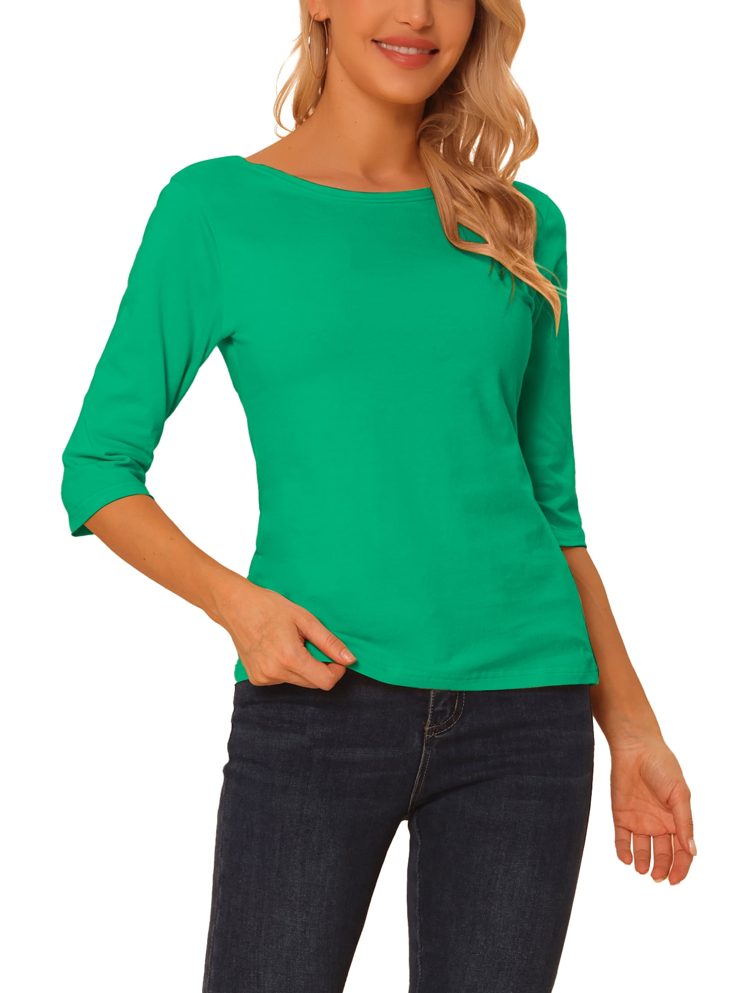 INSPIRE CHIC Hauts pour Femmes Manches au Coude Encolure Bateau Coupe Ajustée T-Shirt Classique Décontracté TG Verts