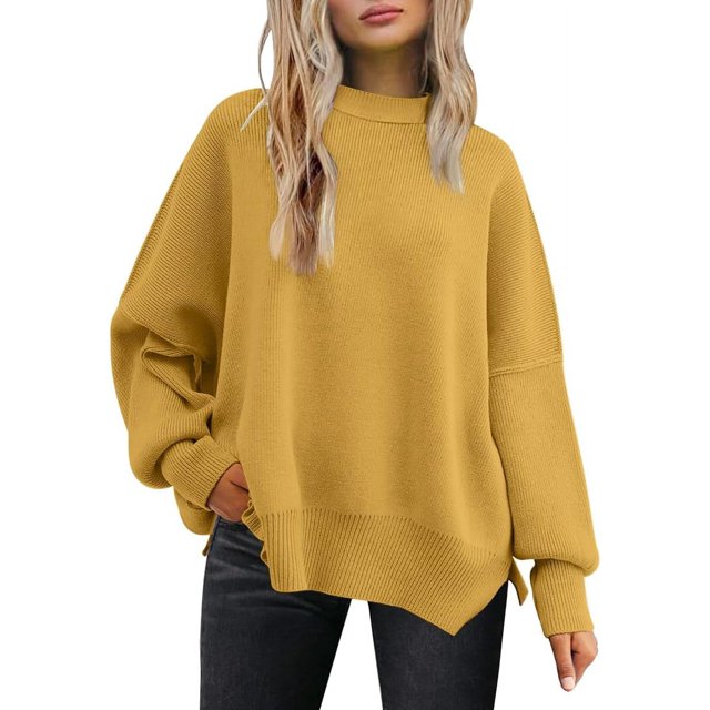 ORUYROP Women's Crewneck Batwing Long Sleeve Sweater 2023 Fall Oversized Ribbed Knit Side Slit Pullover Top