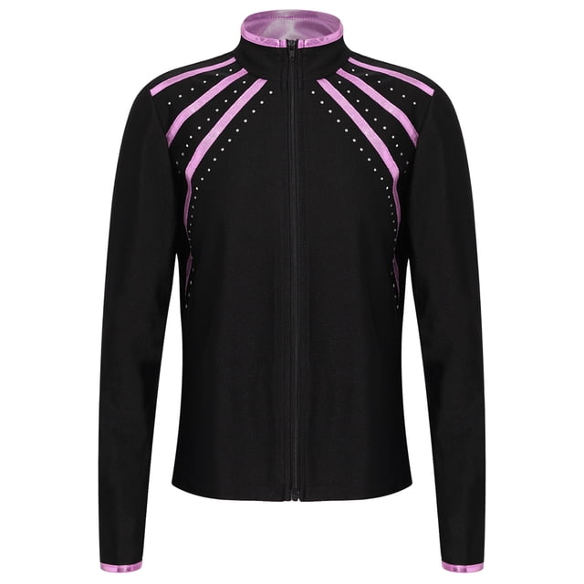 Doomiva Kids Girls Figure Skating Rhinestones Jackets Athletic Jacket Sweatshirts Ice Skating Gym Training Tops Pink 16