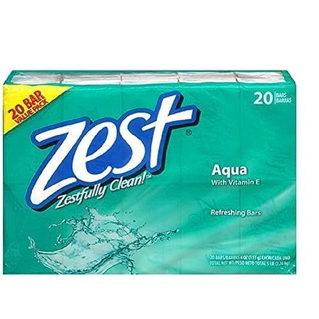 Zest Bar Soap Aqua 4oz bar soaps, packaged in a set of 20 bars. The box features vibrant aqua branding with water splash graphics and highlights the inclusion of Vitamin E for gentle and refreshing cleansing. Ideal for bath and shower use.