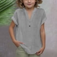 thumbnail image 2 of DecSea Linen Shirts for Kids 2025 Summer Button Down V Neck Short Sleeve Tops Casual Solid Blouses, 2 of 9