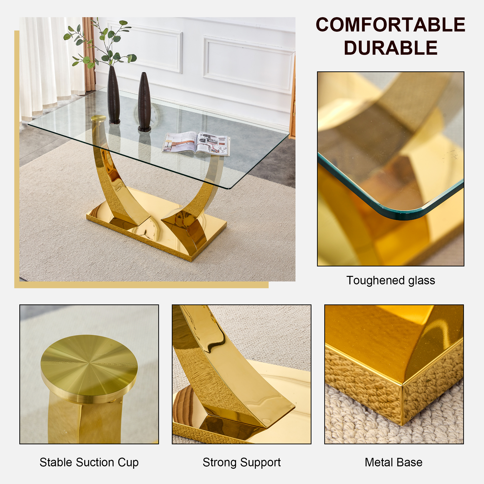 Noble House 63" Modern Rectangular Glass Dining Table,Tempered Glass Top,Gold