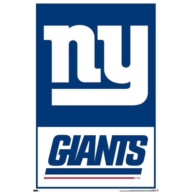 NFL New York Giants - Affiche Murale Logo 21, 22,375 Pouces x 34 Pouces avec un Logo « Ny » en Minuscules Blanches Centrées sur un Fond Bleu au-Dessus du Texte « Géants » Bleu Audacieux sur un Panneau Blanc avec des Rayures Bleues et Rouges, Imprimé sur Papier d'Affiche Lustré, Convient à la Décoration Murale de Chambre, Bureau Ou Dortoir et Est Souvent Utilisé comme Décoration de Fête Ou Cadeaux.