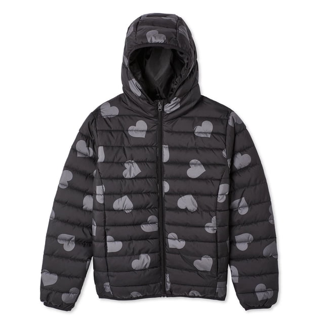 George Girls' Hooded Puffer Jacket in black with grey heart print, made of water-repellent quilted taffeta fabric, featuring full-zip closure, hood, long sleeves, two on-seam pockets, and straight hem for warmth and casual layering.
