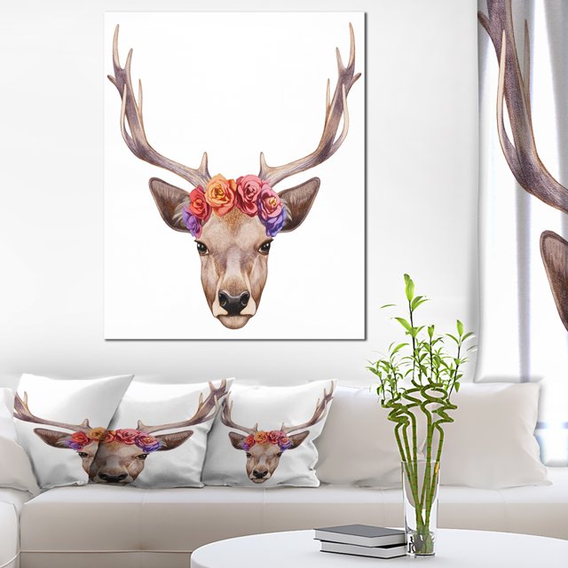 Designart Portrait de Cerf avec Tête Florale - Impression sur Toile de Cerf