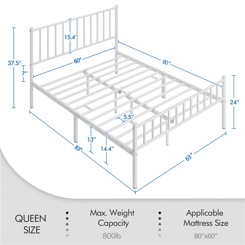 Fullfurnique Minimalist Metal Bed Frame with Vertical Bar Headboard and Footboard, Queen, White