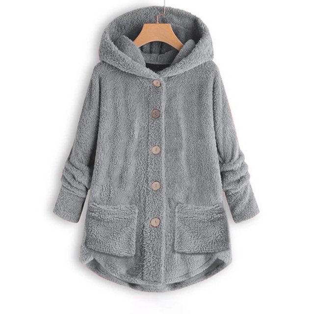 Qertyioot Women Plus Size Button Plush Tops Hooded Loose Cardigan Wool Coat Winter Jacket