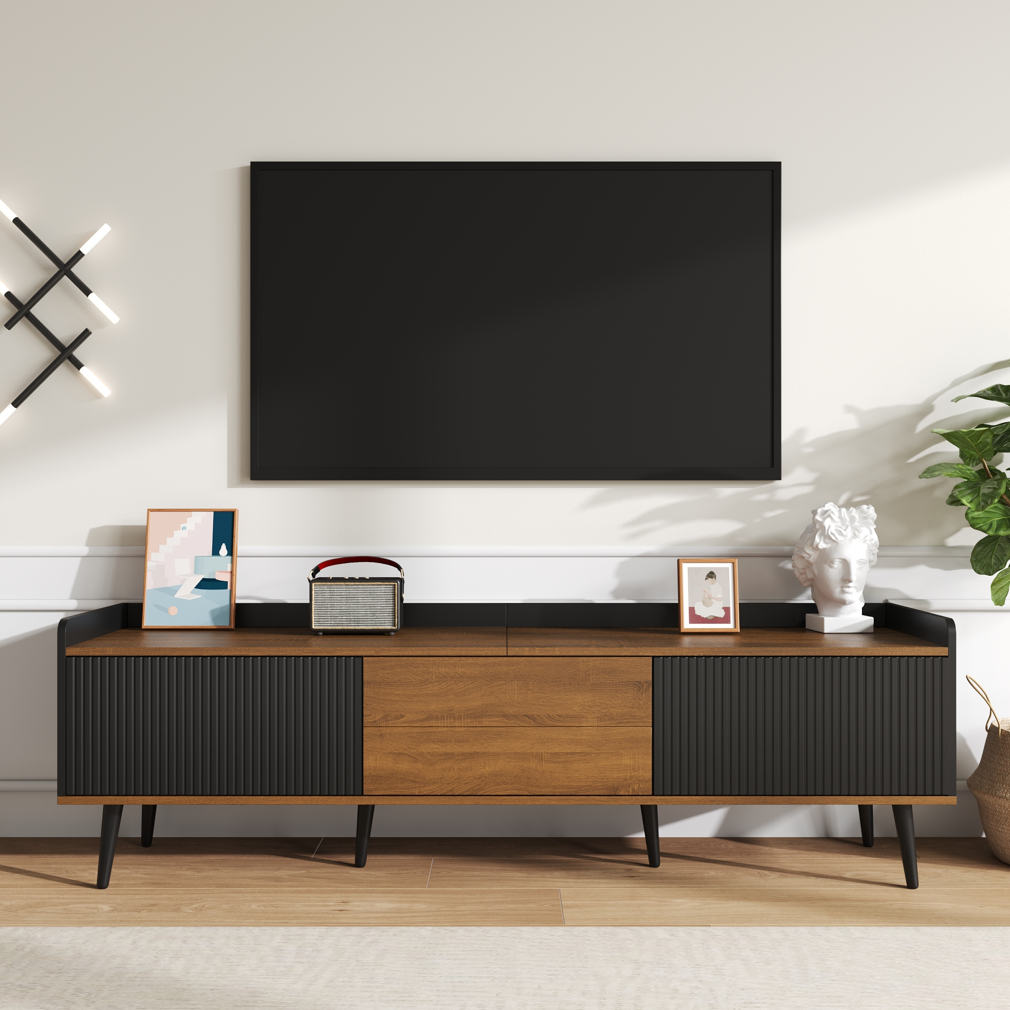 Noble House Meuble TV, Planche Basse avec Trois Portes, texture Fine. Noir