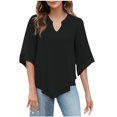 thumbnail image 2 of Jsaierl Women's Solid Color Notched V Neck 3/4 Long Sleeve Tops Classic Irregular Hem Shirts Flowy Comfortable Soft Blouses, 2 of 8