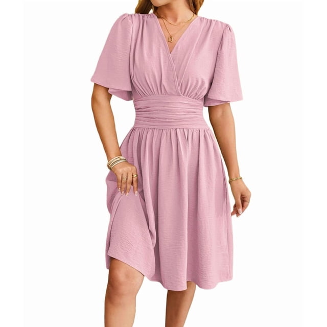 Robe Femme Été Décolleté en V Profond Élégante Mini-Robe à Volants Taille Robes Rose Pâle L