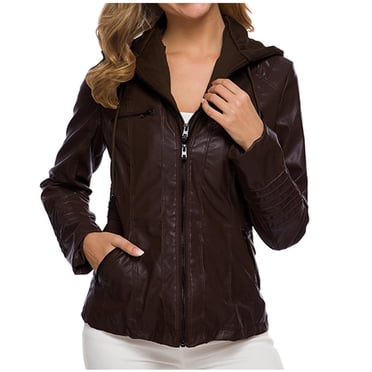 Pisexur Veste en Similicuir pour Femmes, Veste de Moto Décontractée, Manteau Matelassé à Fermeture Éclair Intégrale, Capuche, Veste de Moto, Grande Taille