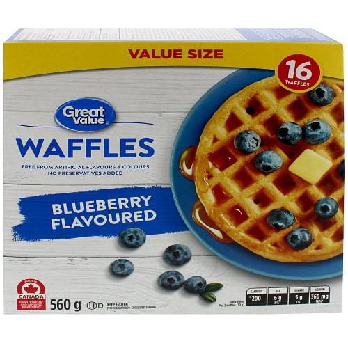 Great Value Blueberry Flavoured Waffles value size box with 16 frozen waffles, featuring a front view of a golden waffle topped with butter and fresh blueberries on a blue plate, with scattered blueberries on a white wooden surface, 560 g frozen breakfast suitable for quick meals.