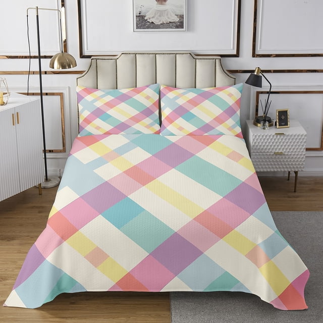 Erosebridal Colorful Buffalo Quilt Sets for Queen Size Bed, Geometric Check Bed Set 3-Piece