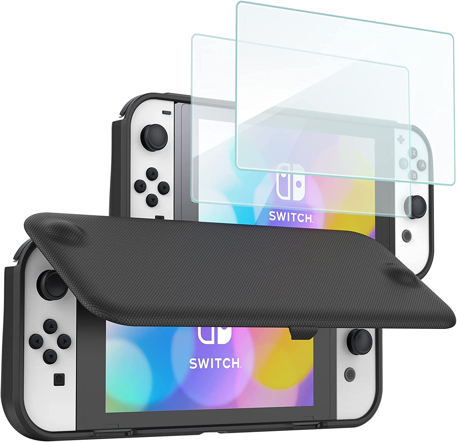 Tianle Flip Cover Compatible with Nintendo Switch OLED with 2 Pack Tempered Glass Screen Protectors, Slim Protective Case Compatible with Nintendo Switch OLED 2021