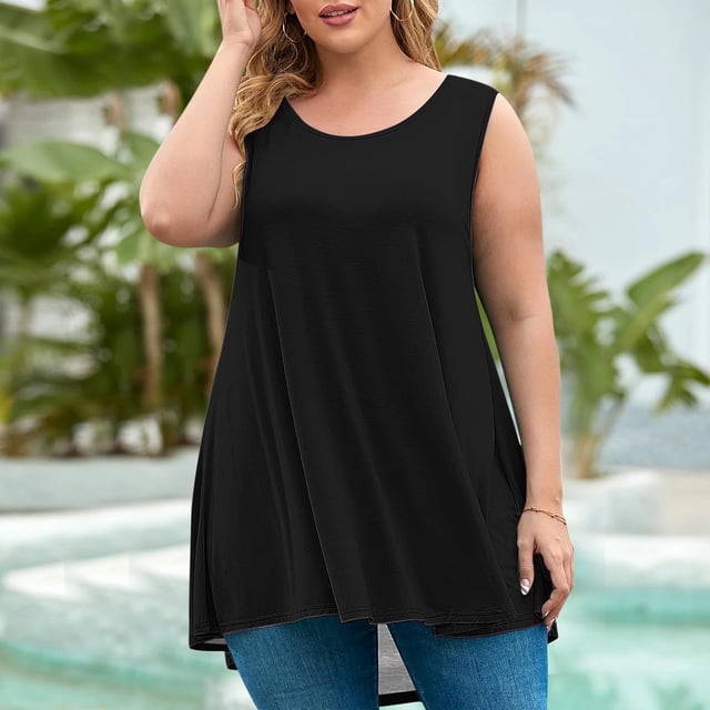 AherBiu Débardeurs d'Été Grande Taille pour Femmes Coupe Ample Col Rond Sans Manches Ourlet Mode Basique T-Shirt