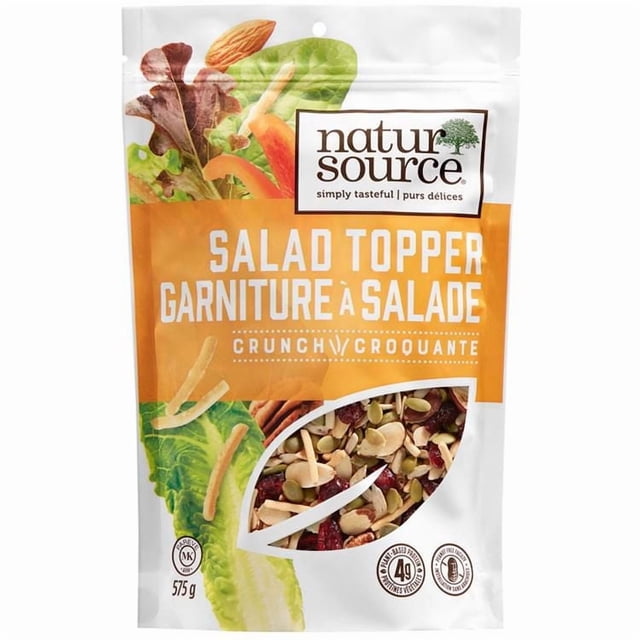 Natursource Salad Topper, Crunch 575g mixed nut, seed, dried-cranberry and noodle salad topper shown in product shot; provides 4g plant-based protein per 28g serving, no artificial colours, no artificial flavours, no preservatives; MK Kosher Pareve and IFANCA Halal certified; made in a peanut-free facility. Suitable as a crunchy topping for salads, stews, chili and baked potatoes.