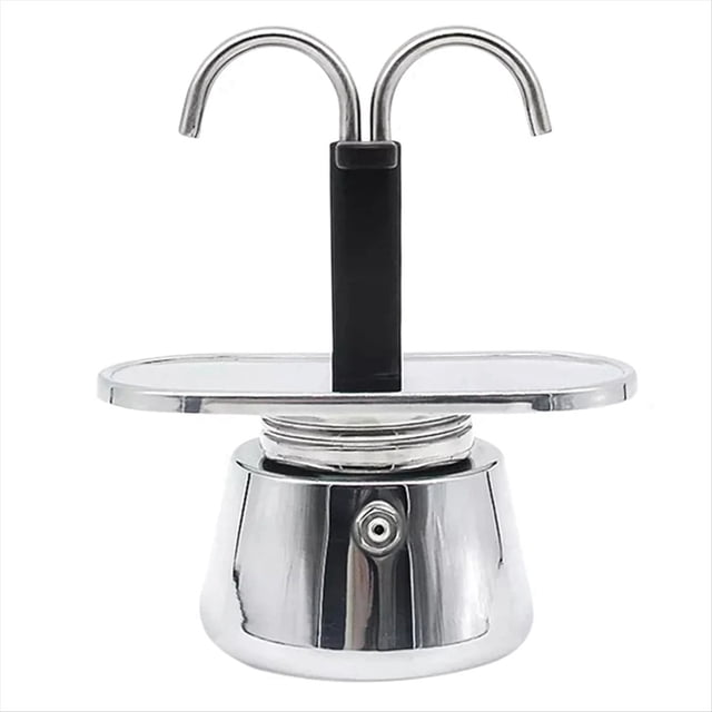 Moka Pot Double Head Stainless Steel Mocha Coffee Pot Italian DIY Conduit Coffee Maker. A compact stovetop espresso maker with a polished stainless steel body, dual spouts, and a black handle. Designed for brewing two cups of coffee simultaneously, it features a modern design with a transparent top plate. Ideal for home or travel use, this moka pot is easy to clean and carry. Dimensions: 9 x 16.5 cm.