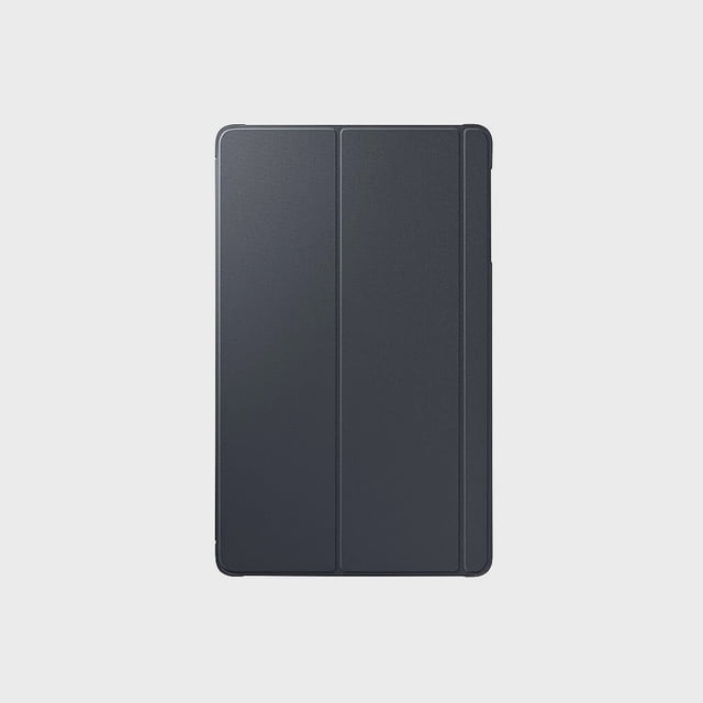 Samsung Galaxy Tab A7 Book Cover with a slim, soft fabric casing in dark grey, featuring a tri-fold design that folds into dual stand angles for hands-free use, protecting the Samsung Tab A7 tablet from scratches and dings, also ideal for stable viewing during video calls or media streaming.