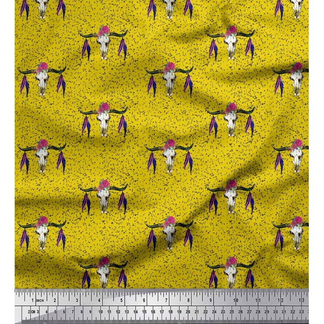Soimoi Yellow Silk Fabric Feather & Elk Mount Face Decor Fabric Printed Yard 42 Inch Wide
