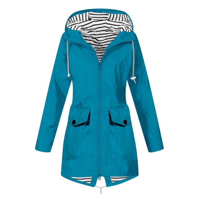 Pisexur Manteaux d'Hiver pour Femmes Imperméables pour la Randonnée en Plein Air, Imperméable avec un design Léger à Capuche de Couleur Unie Sarcelle. Fabriqué en Tissu polyester avec une Doublure en Coton à Rayures, Ce Manteau de Pluie Coupe-Vent et Respirant Comprend une Fermeture Éclair avant, une Taille à Cordon Ajustable et Deux Poches avant. Convient aux Activités de Plein Air comme la Randonnée, le camping et les Voyages en Toutes Saisons. l'Intérieur Met en Valeur un Motif à Rayures pour Plus de style.