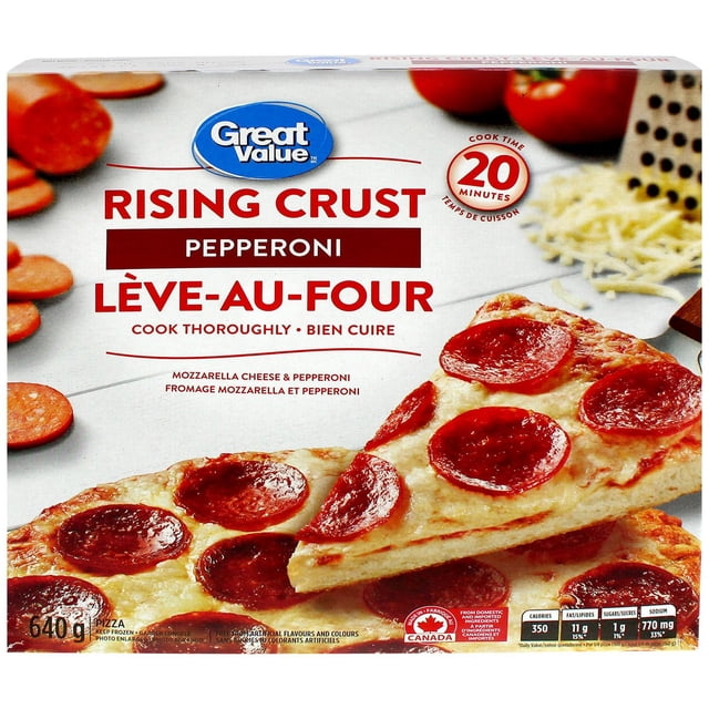 Great Value Rising Crust Pepperoni Pizza frozen pizza box showing two slices topped with melted mozzarella cheese and pepperoni on a white surface with scattered pepperoni slices and shredded cheese, highlighting 20-minute oven cook time and Canadian ingredients, ideal for quick meals.