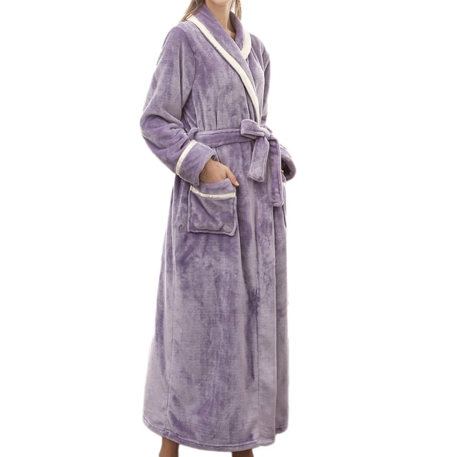 Penkiiy Fleece Robe Bathrobe Women's Winter Lengthened Bathrobe Splicing Home Clothes Long Sleeved Robe Coat M Purple