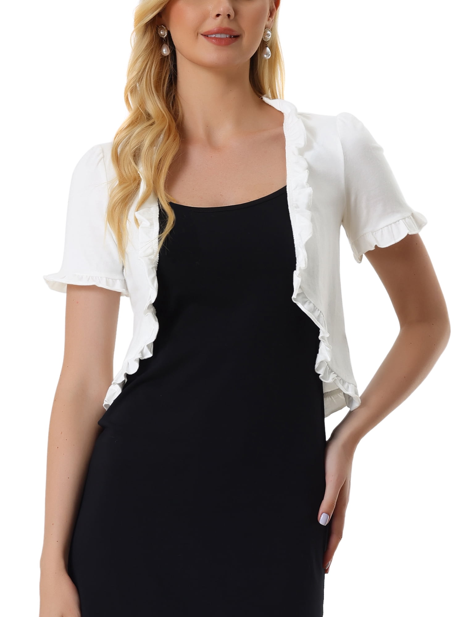 INSPIRE CHIC Cropped Cardigan for Women's Open Front Ruffle Knit Shrugs L White