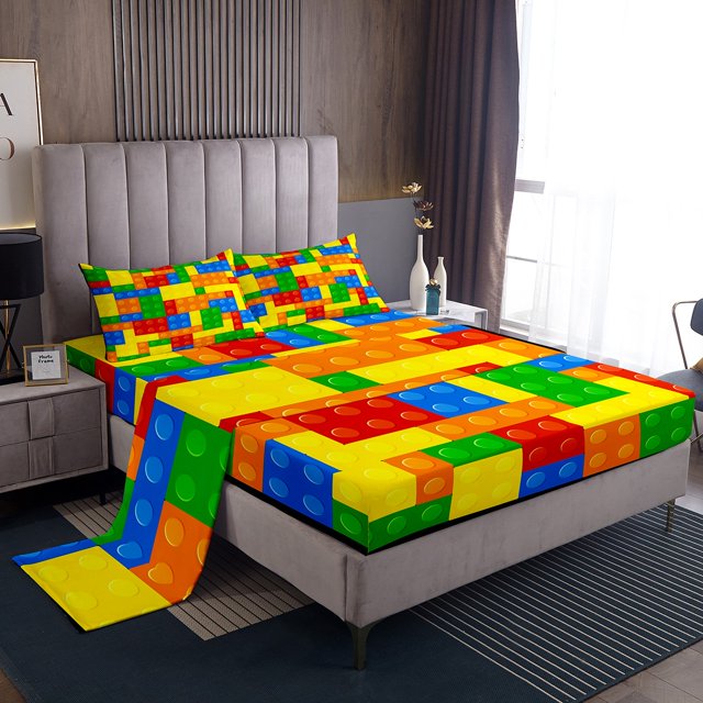 Erosebridal Building Blocks Bed Sheets Set King Size, Cartoon Brick Bed Sheets King, Square Geometry Decor 4pcs