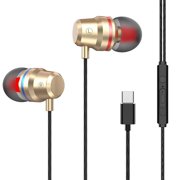 DEBGFS USB Type C Headphones Wired Earbuds  Stereo Earbuds with Microphone and Volume Control  in Ear Ergonomic Noise Isolating Headphones  Earphones   Powerful Bass Sound,gold