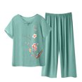 thumbnail image 1 of Weiqiqre Ensemble de Pyjama pour Femmes 2 Pcs Tenues en Lin Manches Courtes Imprimé Floral Ensembles de Détente Col Ras du Cou Complets d'Été, 1 of 3