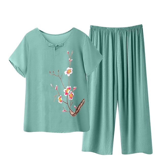 Weiqiqre Ensemble de Pyjama pour Femmes 2 Pcs Tenues en Lin Manches Courtes Imprimé Floral Ensembles de Détente Col Ras du Cou Complets d'Été