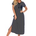 thumbnail image 3 of Women Stripe Print Side Split Button Short Sleeve Loungewear Midi Dress with Pocket, 3 of 7