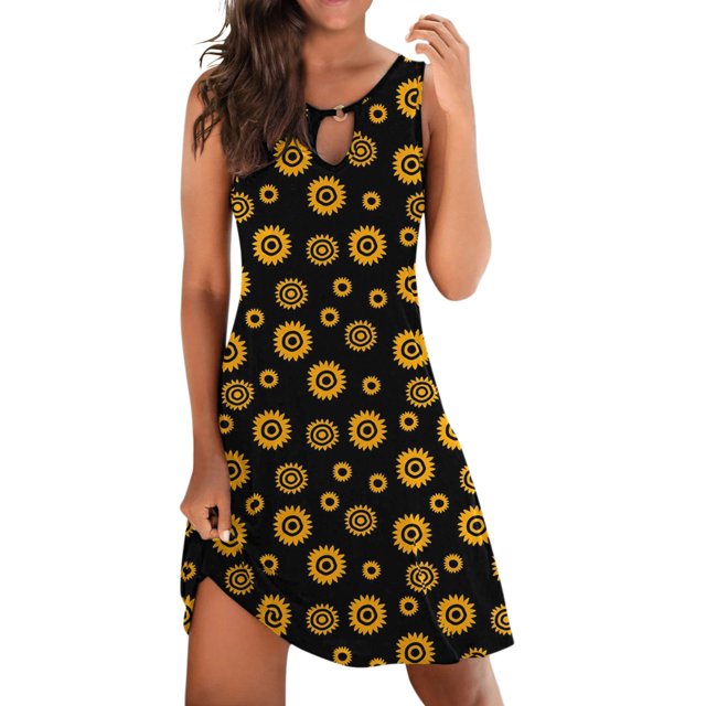 TJAZFJPA Robe Aguichant Femme Élégante à Col Rond Robe Débardeur à Col Rond Robe Décontractée à Imprimé Floral Robe Évasée Robes Mexicaines pour Femmes